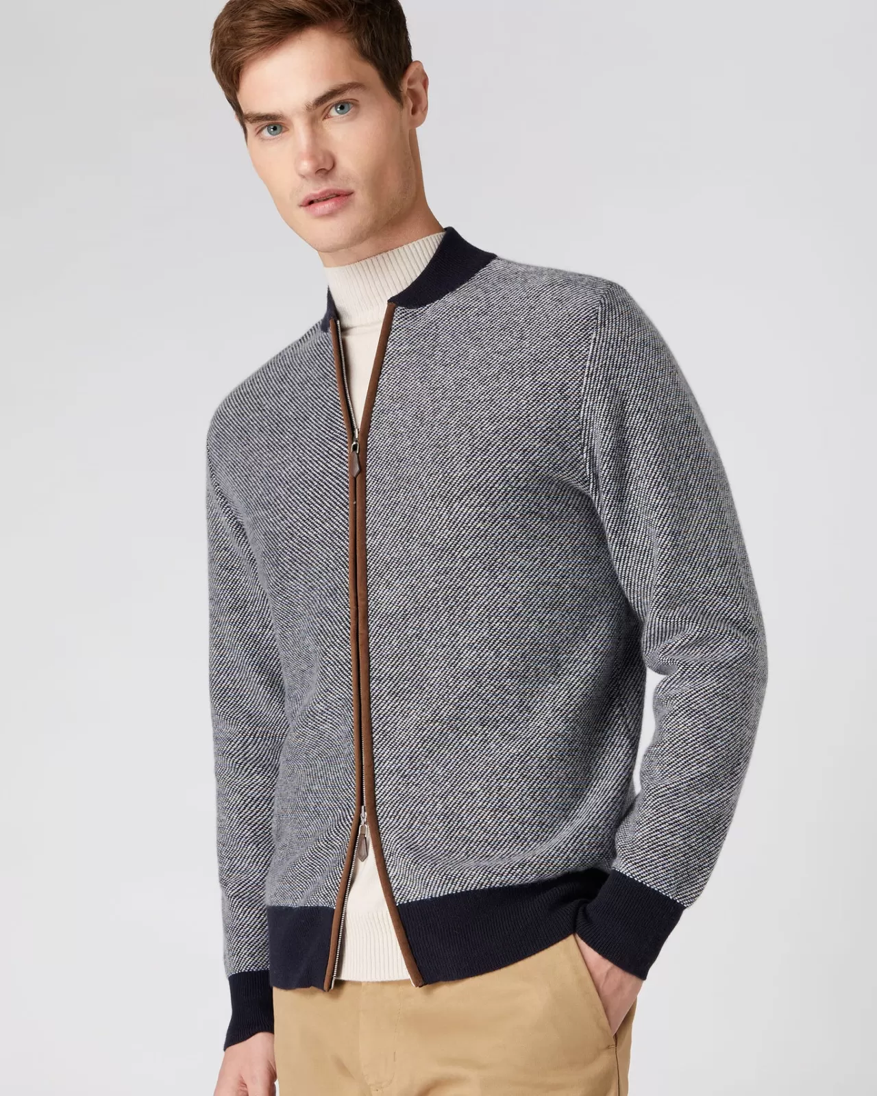 Men N.Peal Cardigans | Men'S Birdseye Cashmere Bomber Jacket