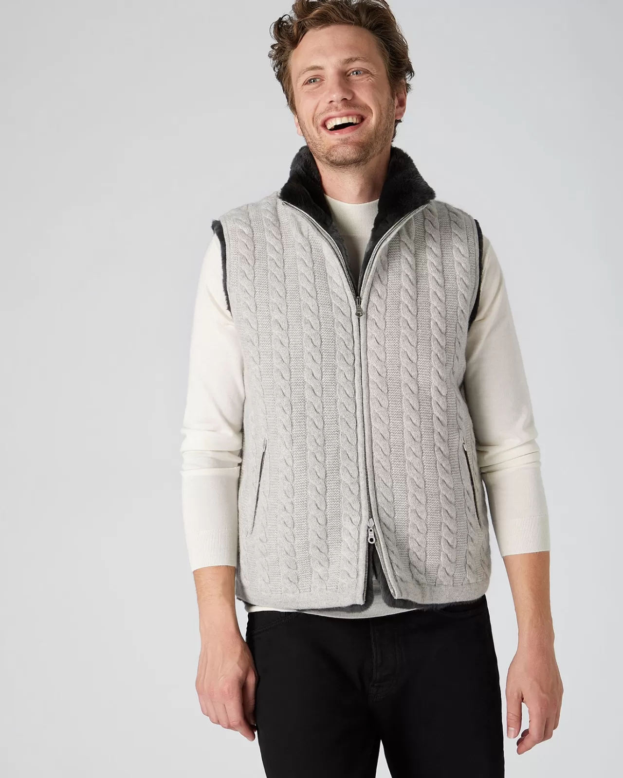 Men N.Peal Half & Full Zip Knitwear | Men'S Cable Fur Lined Gilet