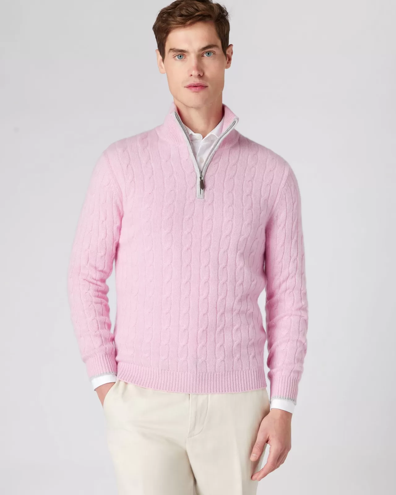 Men N.Peal Half & Full Zip Knitwear | Men'S Cable Half Zip Cashmere Jumper