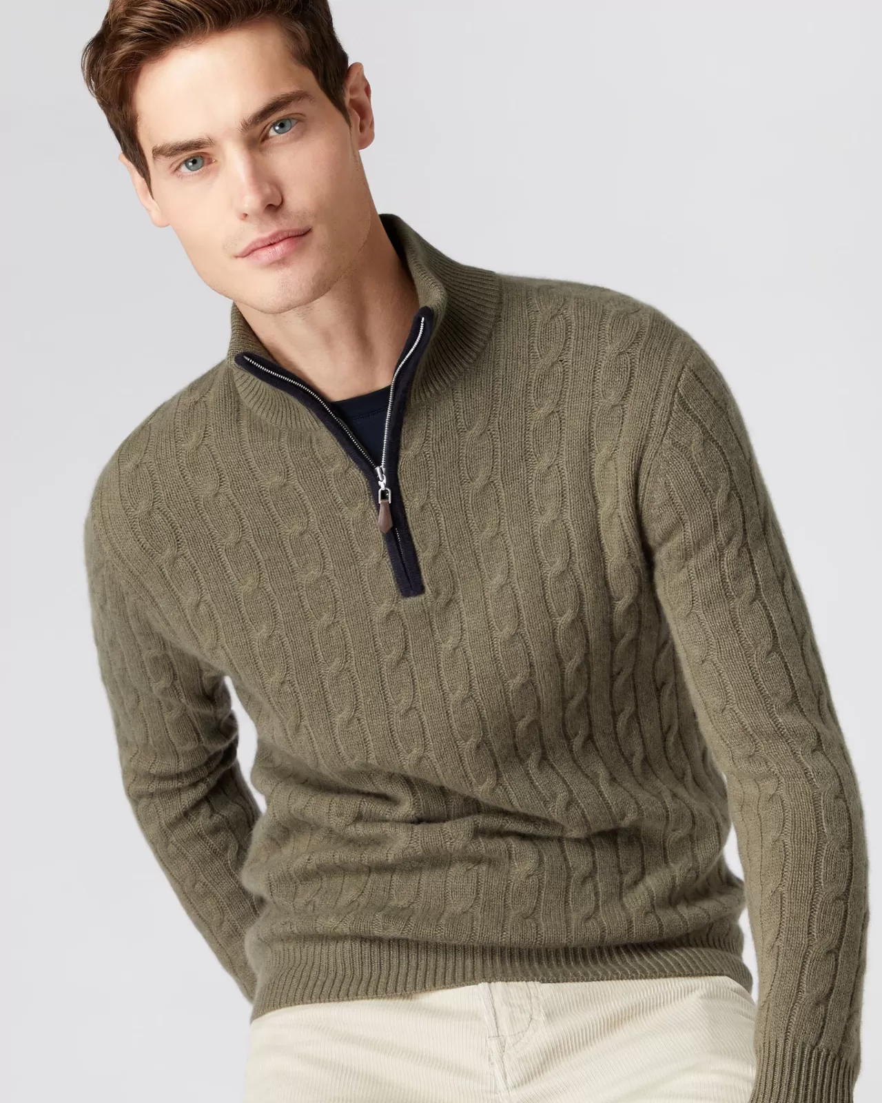 Men N.Peal Half & Full Zip Knitwear | Men'S Cable Half Zip Cashmere Jumper