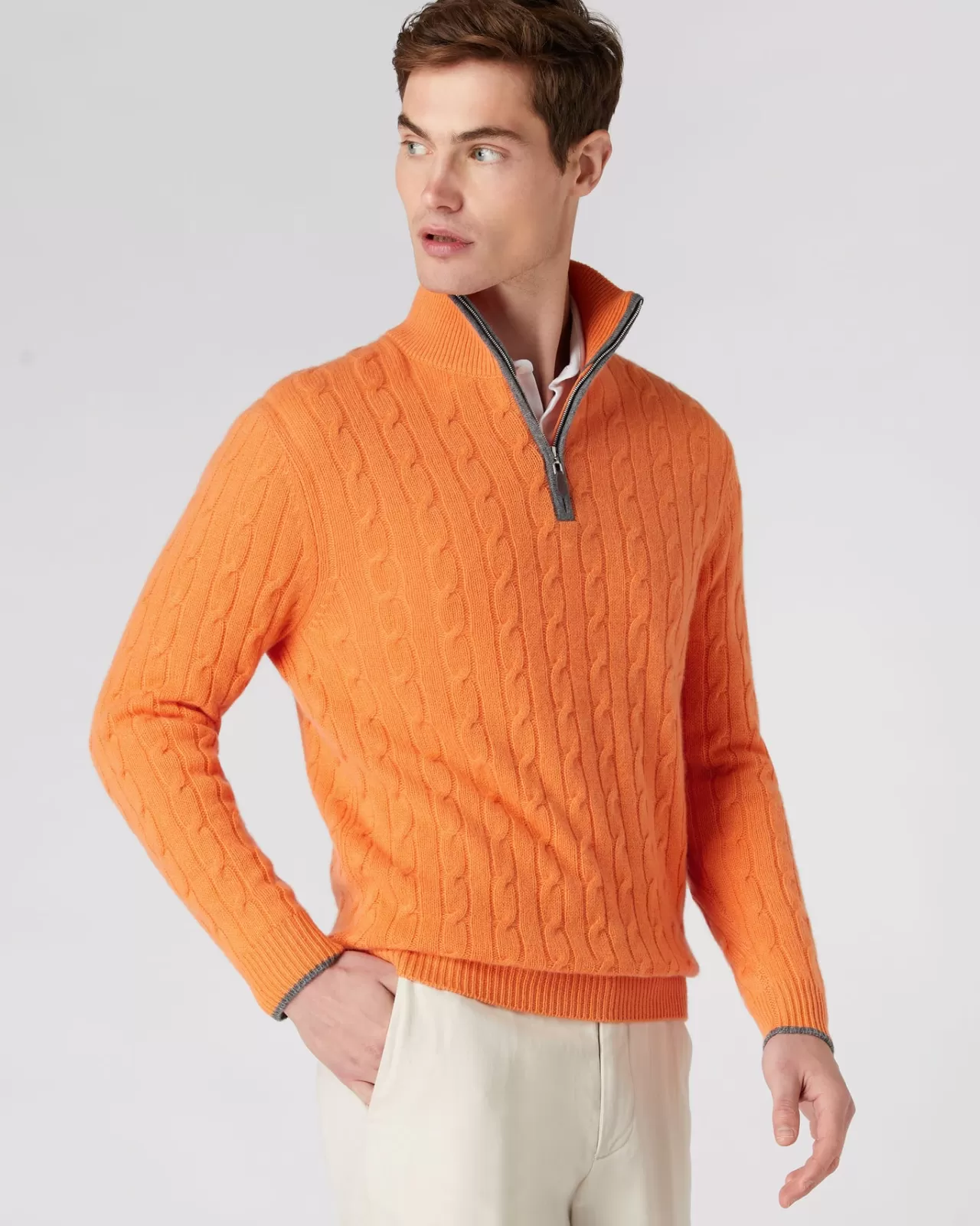 Men N.Peal Half & Full Zip Knitwear | Men'S Cable Half Zip Cashmere Jumper