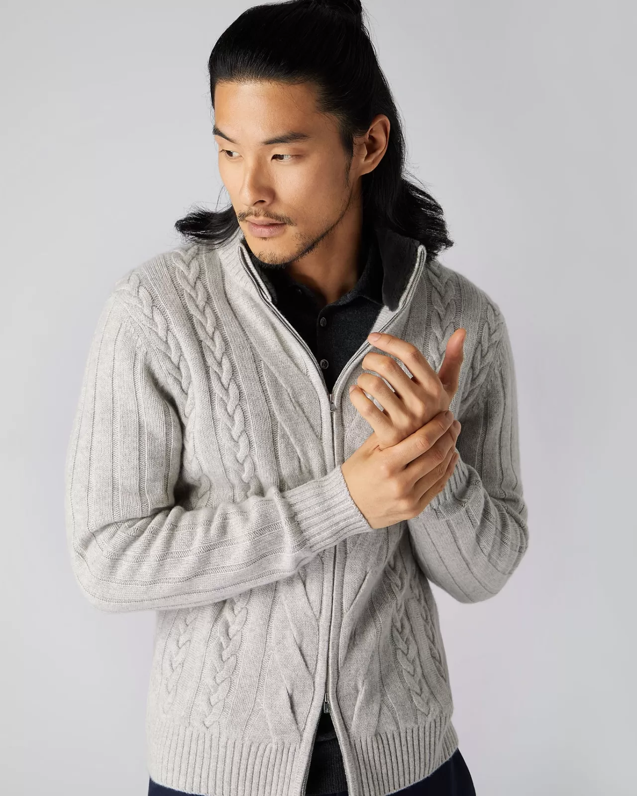 Men N.Peal Cardigans | Men'S Cable Zip Through Cashmere Jacket