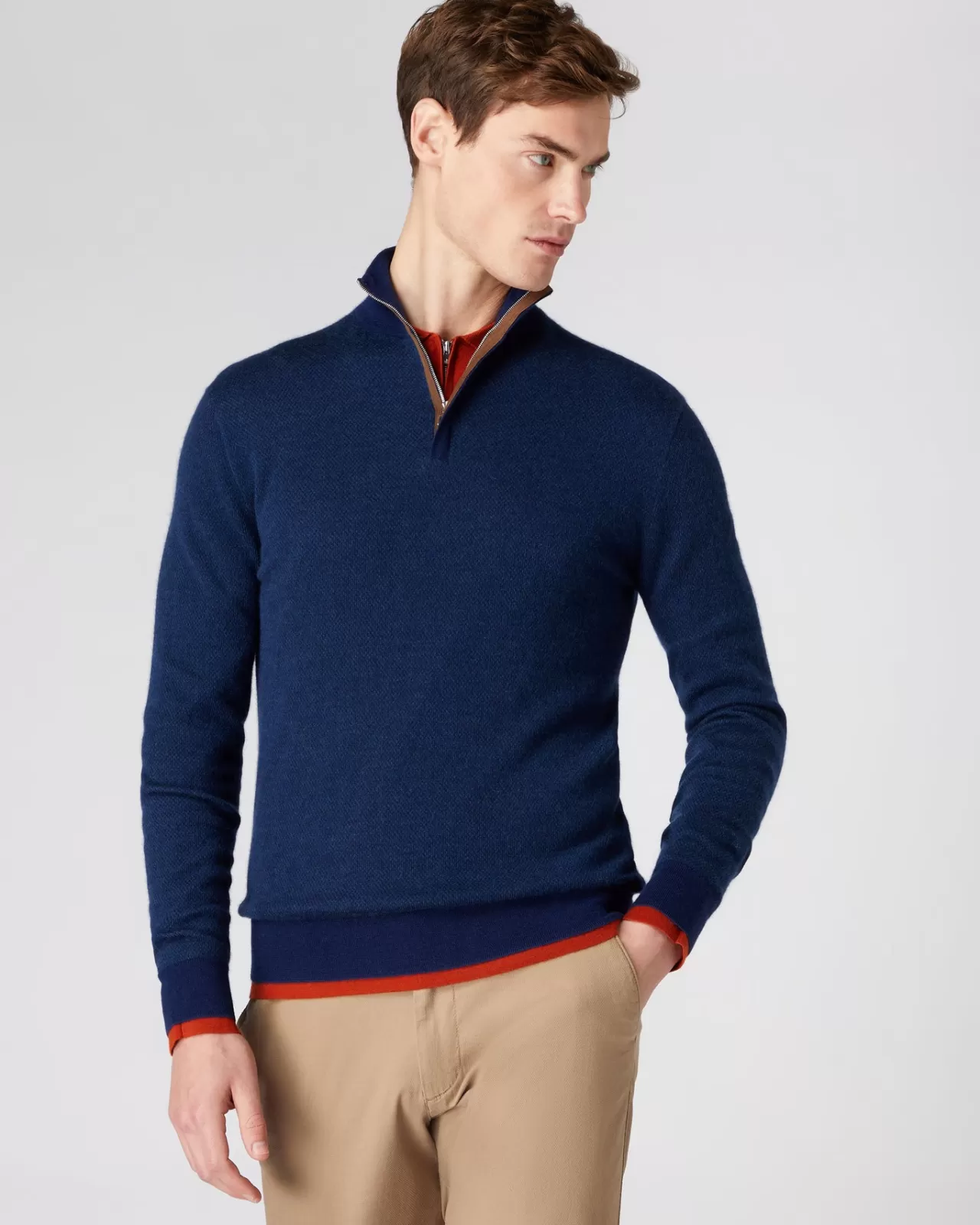 Men N.Peal Half & Full Zip Knitwear | Men'S Fine Gauge Cashmere Pattern Half Zip Jumper + Lapis Blue