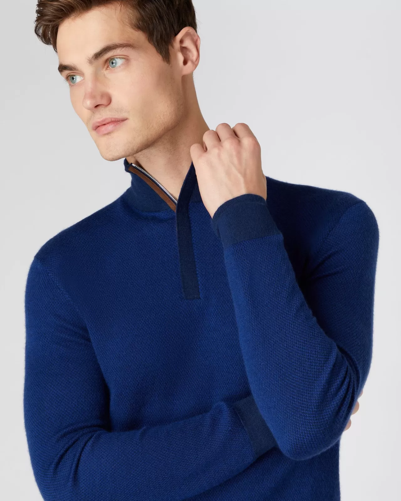 Men N.Peal Half & Full Zip Knitwear | Men'S Fine Gauge Cashmere Pattern Half Zip Jumper + Ultramarine Blue