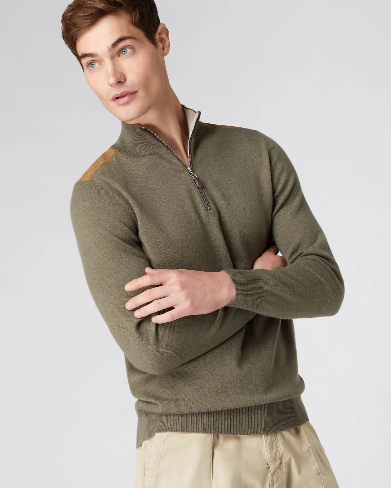 Men N.Peal Half & Full Zip Knitwear | Men'S Patch Detail Half Zip Cashmere Jumper