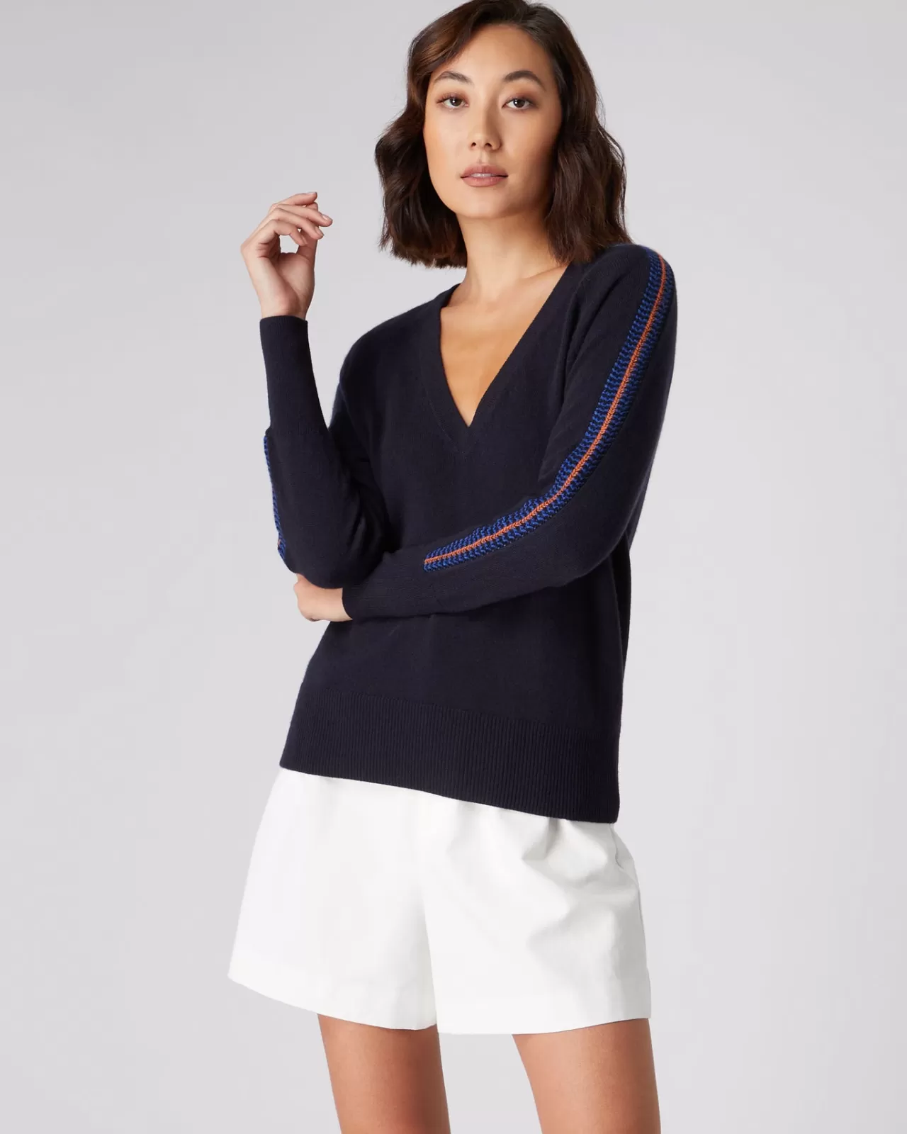 Women N.Peal V Necks | Women'S Jacquard Detail Classic V Neck Cashmere Jumper