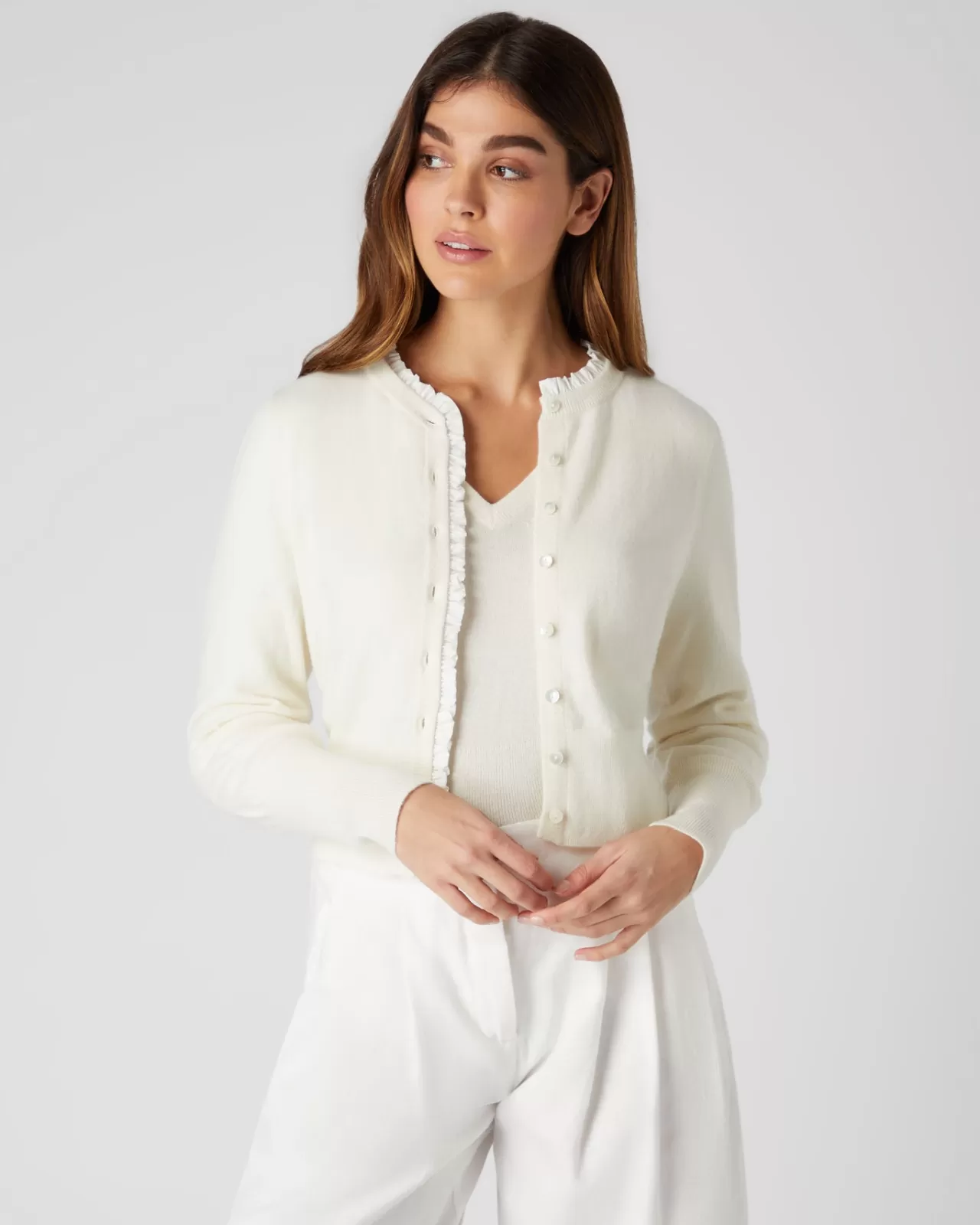 Women N.Peal Cardigans | Women'S Ruffle Trim Cropped Cashmere Cardigan